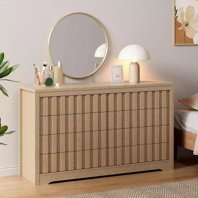 Brown Wood Fluted Handleless 8-Drawer Dresser for 1 Person