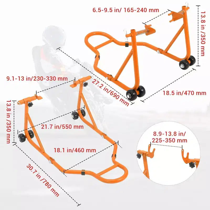 Orange/Rouge, Combinaison avant et arrière, Lève-moto 2 béquilles avec roues, 385 kg