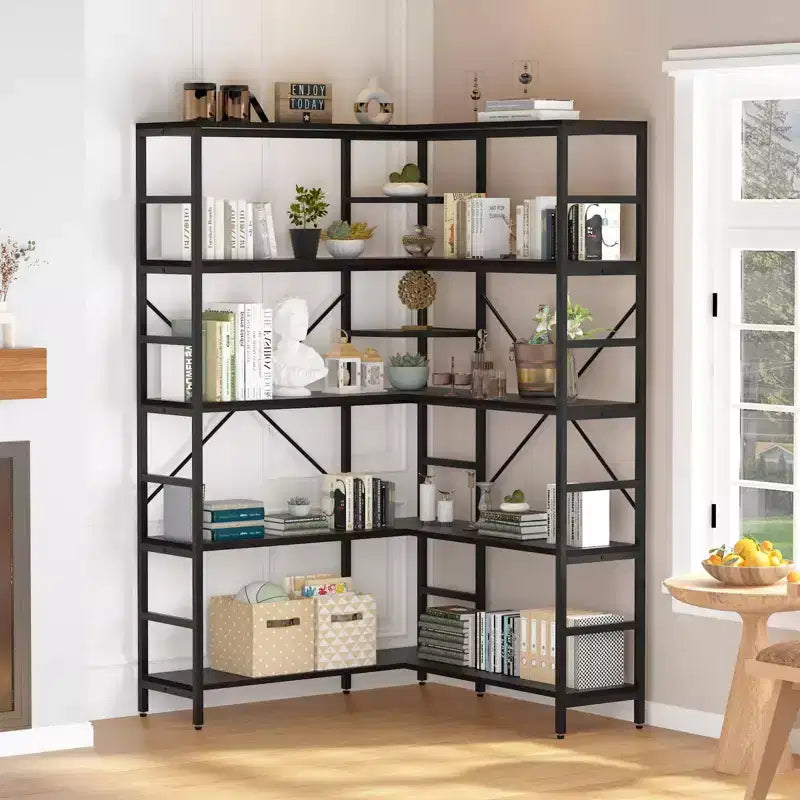 TROPOW 5 Tier Corner Bookshelf, Industrial Bookshelves, L Shape Tall Bookcase with Storage with Heavy Duty Metal Frame for Bedroom Living Room