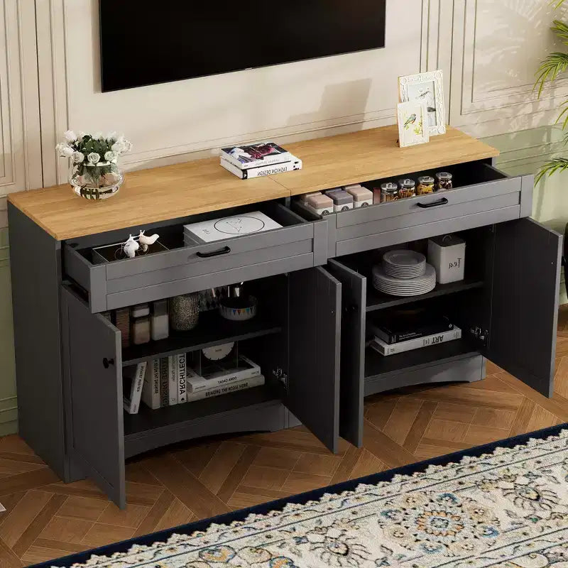 Meuble TV de style rustique avec 2 tiroirs pour téléviseurs jusqu'à 70 po – Buffet de style Mid-Century avec grain de bois