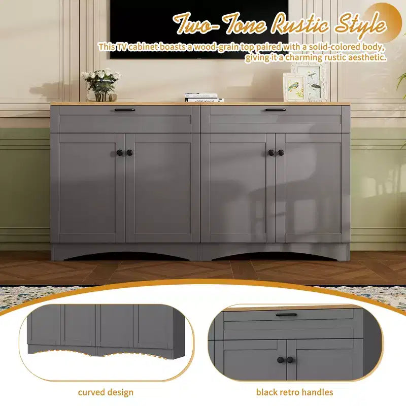 Meuble TV de style rustique avec 2 tiroirs pour téléviseurs jusqu'à 70 po – Buffet de style Mid-Century avec grain de bois