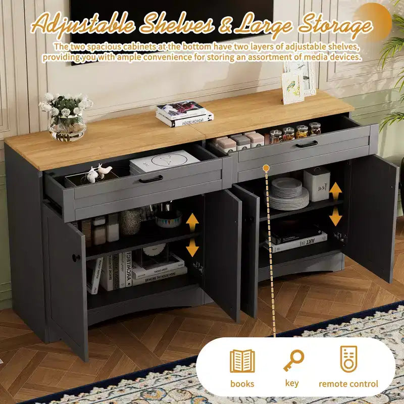 Meuble TV de style rustique avec 2 tiroirs pour téléviseurs jusqu'à 70 po – Buffet de style Mid-Century avec grain de bois