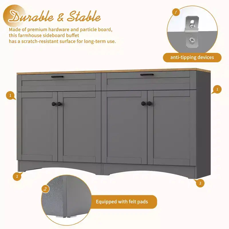 Meuble TV de style rustique avec 2 tiroirs pour téléviseurs jusqu'à 70 po – Buffet de style Mid-Century avec grain de bois
