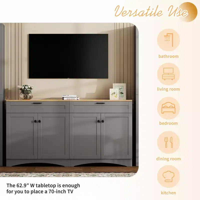 Meuble TV de style rustique avec 2 tiroirs pour téléviseurs jusqu'à 70 po – Buffet de style Mid-Century avec grain de bois