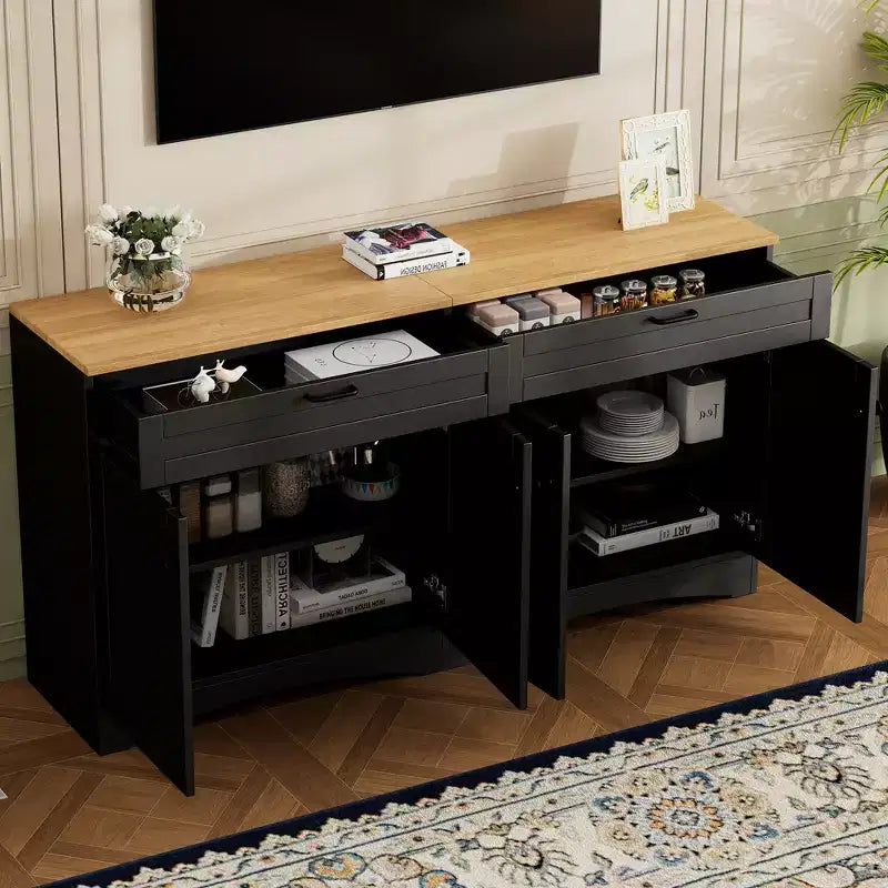 Meuble TV de style rustique avec 2 tiroirs pour téléviseurs jusqu'à 70 po – Buffet de style Mid-Century avec grain de bois