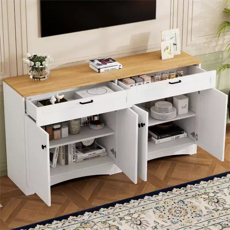 Meuble TV de style rustique avec 2 tiroirs pour téléviseurs jusqu'à 70 po – Buffet de style Mid-Century avec grain de bois