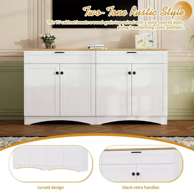 Meuble TV de style rustique avec 2 tiroirs pour téléviseurs jusqu'à 70 po – Buffet de style Mid-Century avec grain de bois