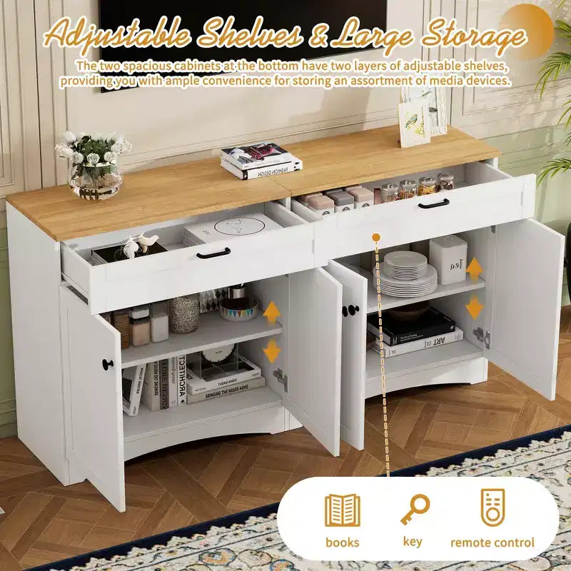 Meuble TV de style rustique avec 2 tiroirs pour téléviseurs jusqu'à 70 po – Buffet de style Mid-Century avec grain de bois