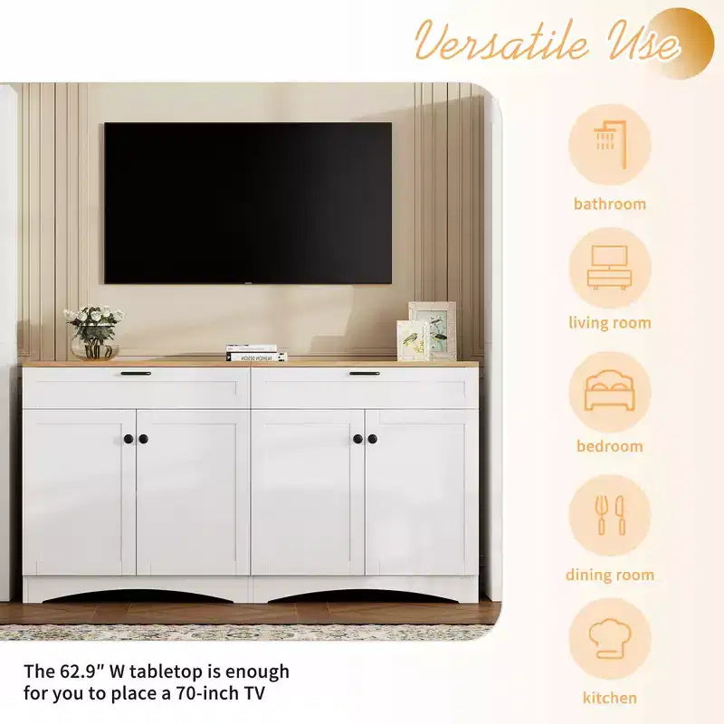 Meuble TV de style rustique avec 2 tiroirs pour téléviseurs jusqu'à 70 po – Buffet de style Mid-Century avec grain de bois