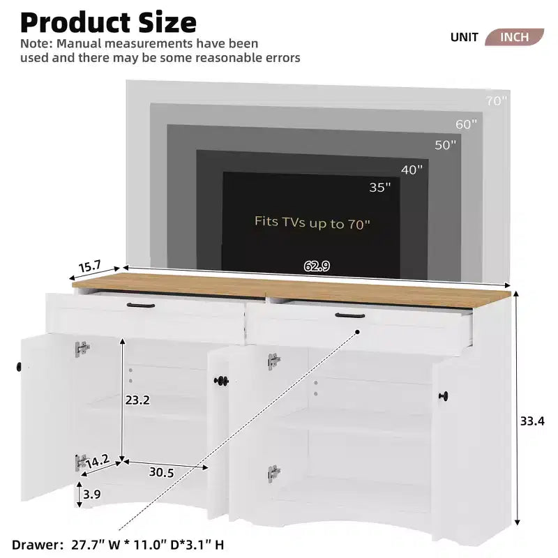 Meuble TV de style rustique avec 2 tiroirs pour téléviseurs jusqu'à 70 po – Buffet de style Mid-Century avec grain de bois