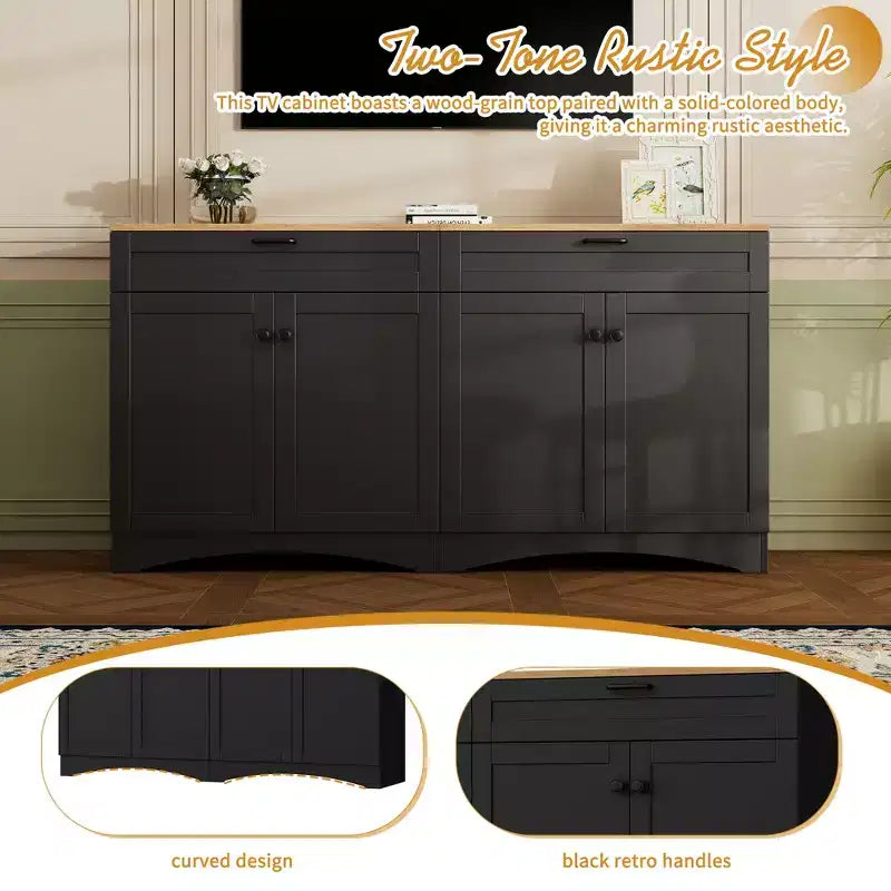 Meuble TV de style rustique avec 2 tiroirs pour téléviseurs jusqu'à 70 po – Buffet de style Mid-Century avec grain de bois