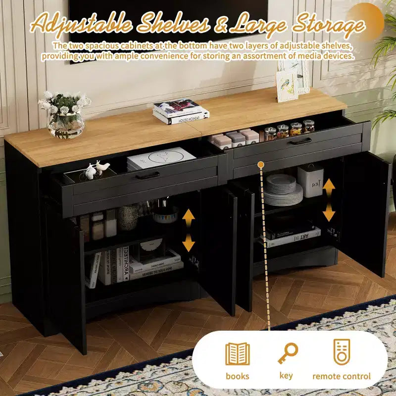 Meuble TV de style rustique avec 2 tiroirs pour téléviseurs jusqu'à 70 po – Buffet de style Mid-Century avec grain de bois