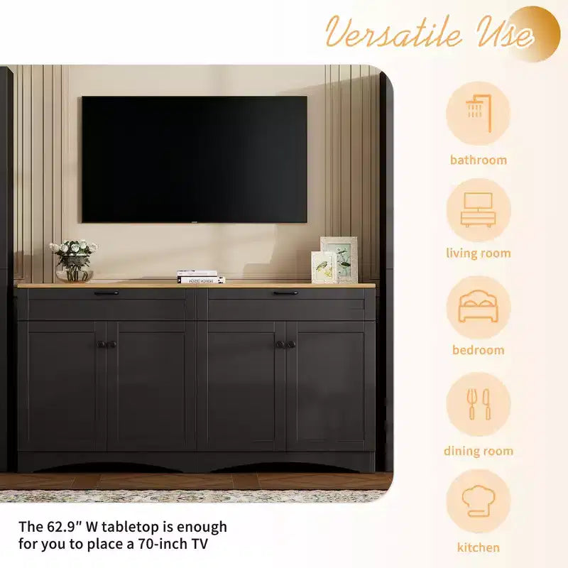 Meuble TV de style rustique avec 2 tiroirs pour téléviseurs jusqu'à 70 po – Buffet de style Mid-Century avec grain de bois