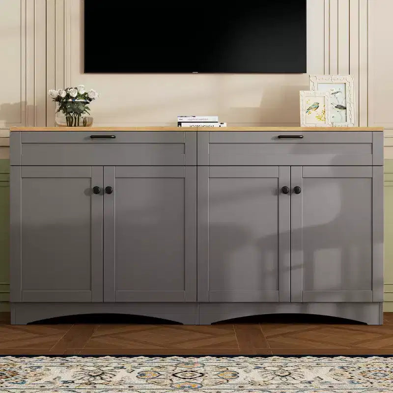 Meuble TV de style rustique avec 2 tiroirs pour téléviseurs jusqu'à 70 po – Buffet de style Mid-Century avec grain de bois