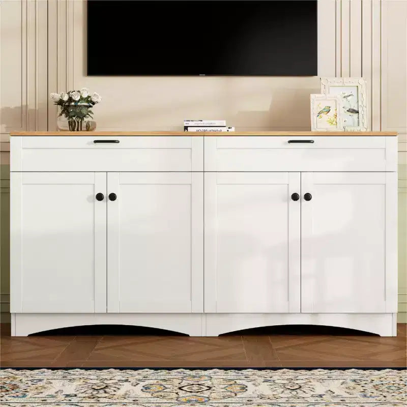 Meuble TV de style rustique avec 2 tiroirs pour téléviseurs jusqu'à 70 po – Buffet de style Mid-Century avec grain de bois