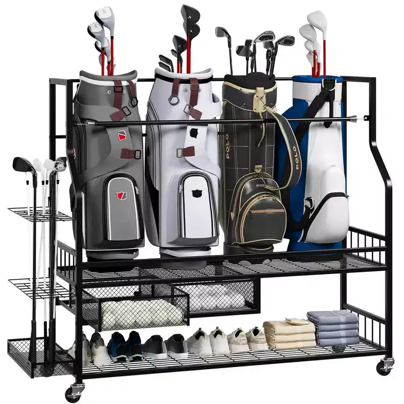 Movable Golf Bag Organizer, All In One Golf Bag Storage Garage Organizer, Sports Equipment Organizer, Golf Bag Storage Garage Organizer with Baskets