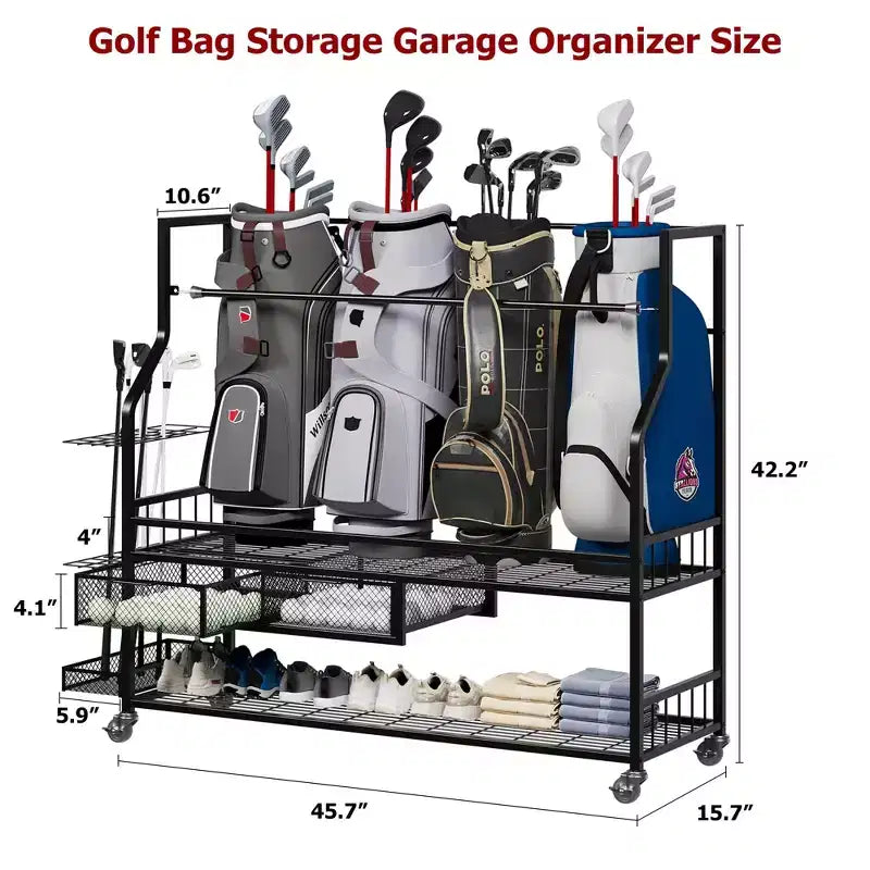 Organisateur de rangement tout-en-un pour sacs de golf avec paniers – Peut contenir 4 sacs, capacité de 136 kg