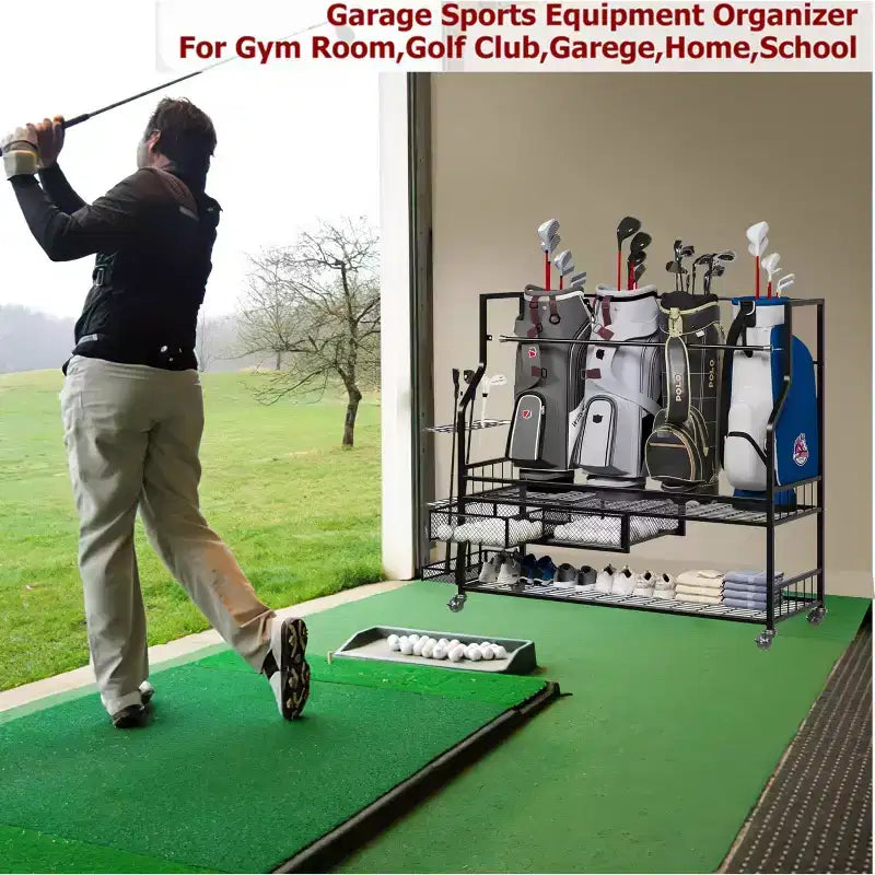 Organisateur de rangement tout-en-un pour sacs de golf avec paniers – Peut contenir 4 sacs, capacité de 136 kg