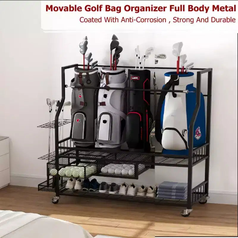 Organisateur de rangement tout-en-un pour sacs de golf avec paniers – Peut contenir 4 sacs, capacité de 136 kg