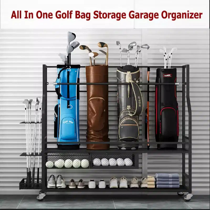 Organisateur de rangement tout-en-un pour sacs de golf avec paniers – Peut contenir 4 sacs, capacité de 136 kg