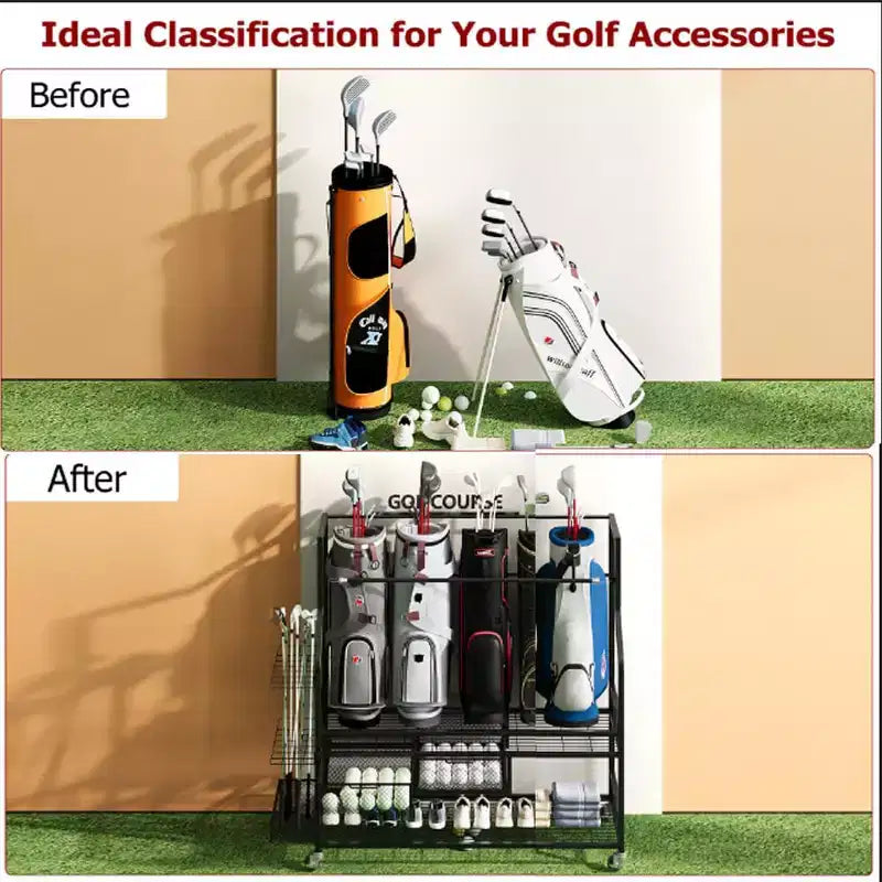 Organisateur de rangement tout-en-un pour sacs de golf avec paniers – Peut contenir 4 sacs, capacité de 136 kg