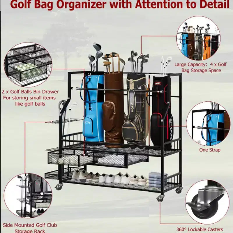 Organisateur de rangement tout-en-un pour sacs de golf avec paniers – Peut contenir 4 sacs, capacité de 136 kg