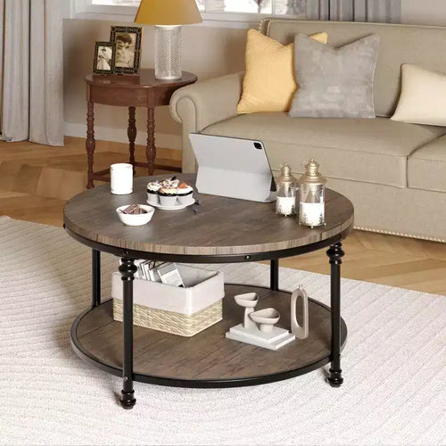 2-Tier Round Coffee Table – Rustic Wood Grain Top with Black Metal Frame
