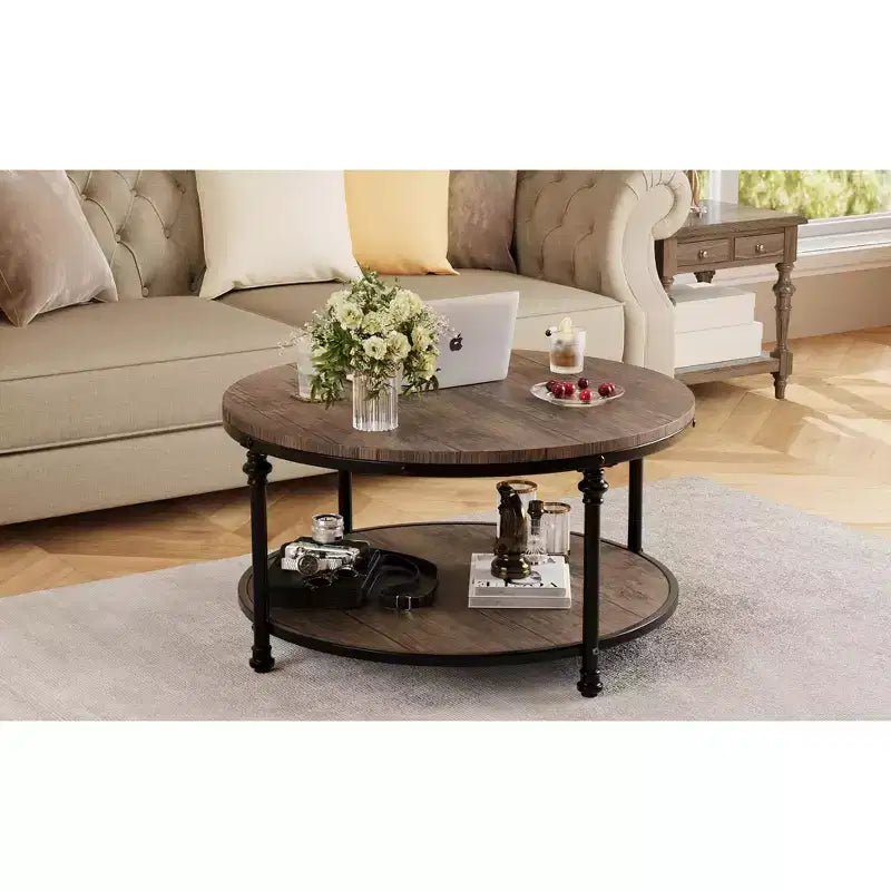Table basse ronde à 2 niveaux – Plateau en bois rustique avec cadre en métal noir