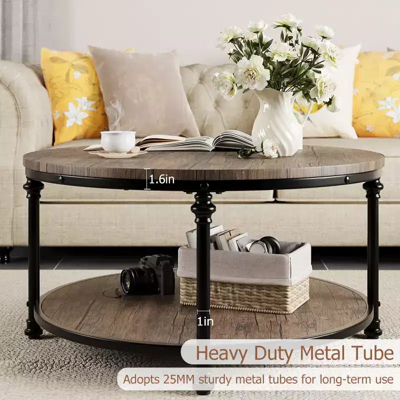 Table basse ronde à 2 niveaux – Plateau en bois rustique avec cadre en métal noir