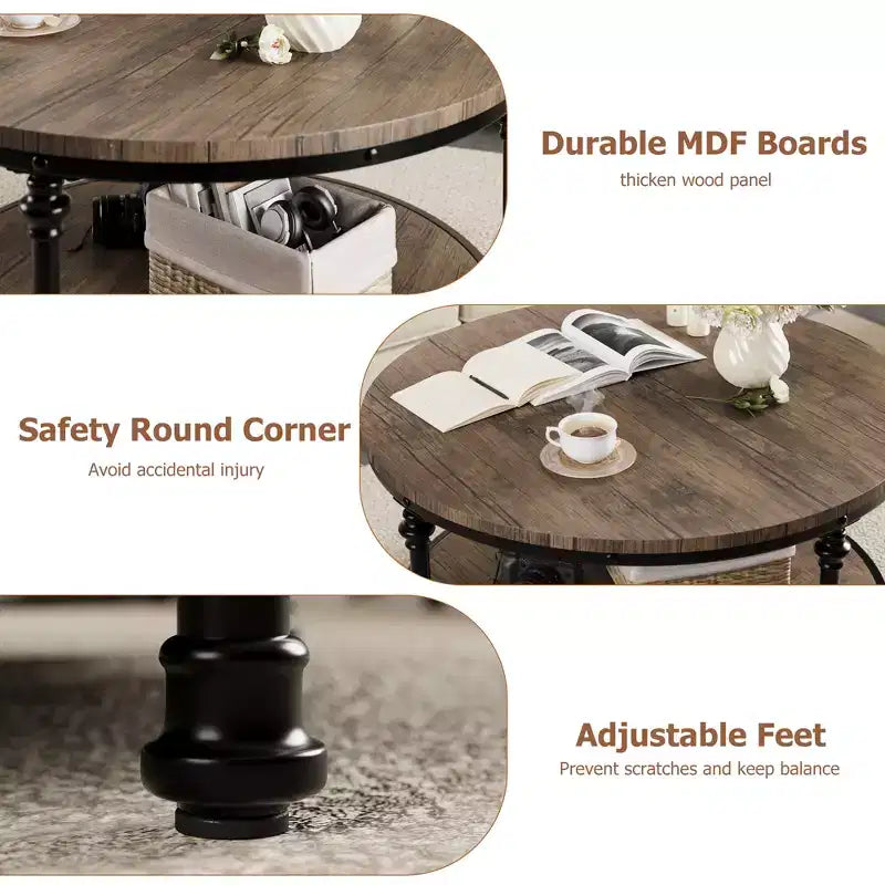 Table basse ronde à 2 niveaux – Plateau en bois rustique avec cadre en métal noir