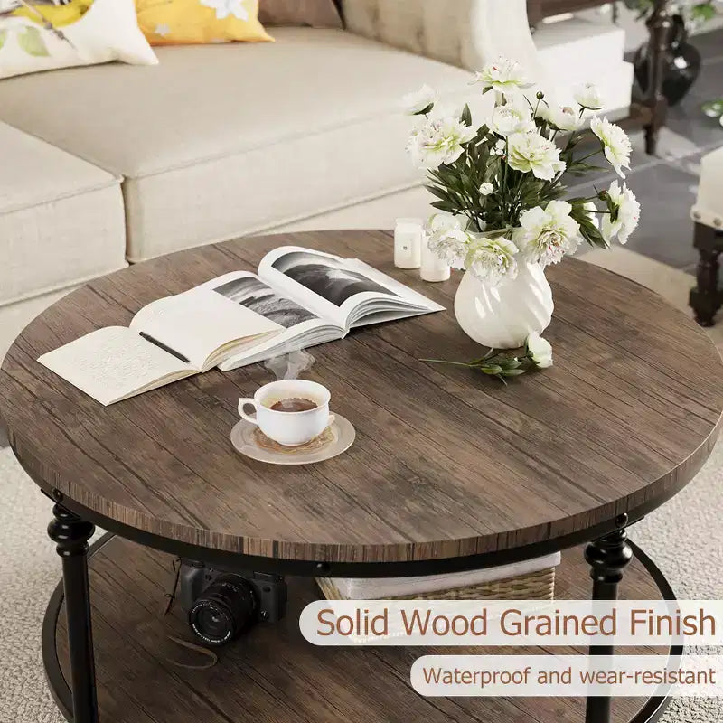 Table basse ronde à 2 niveaux – Plateau en bois rustique avec cadre en métal noir