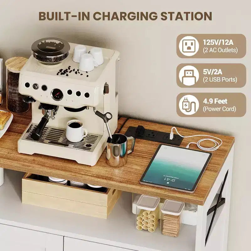 Bahut de ferme de 119 cm avec prise électrique intégrée – 3 tiroirs et 2 portes coulissantes
