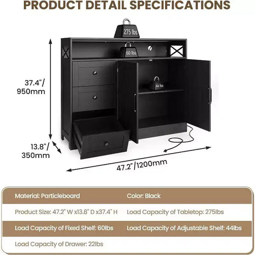 47 Inch Farmhouse Sideboard Buffet Cabinet with Built-in Power Outlet – 3 Drawers & 2 Barn Doors