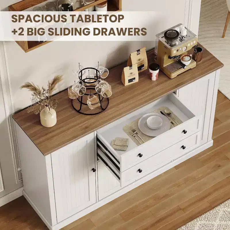 Vaisselier de ferme blanc / bois blanc de 58 po avec 4 portes coulissantes et 2 tiroirs