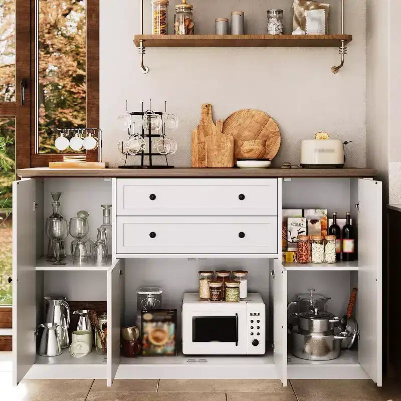 Vaisselier de ferme blanc / bois blanc de 58 po avec 4 portes coulissantes et 2 tiroirs
