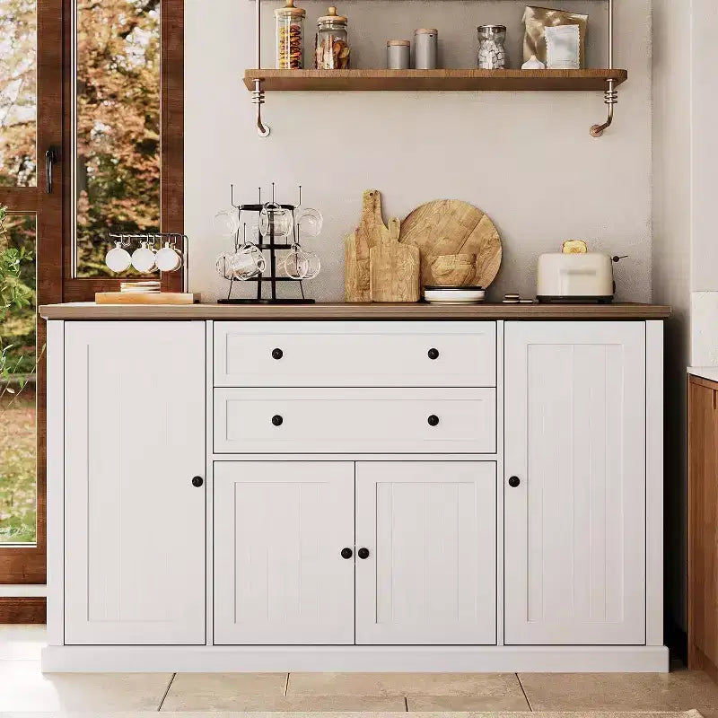 Vaisselier de ferme blanc / bois blanc de 58 po avec 4 portes coulissantes et 2 tiroirs
