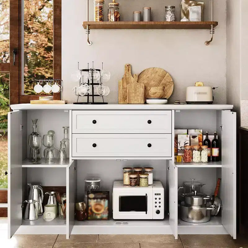 Vaisselier de ferme blanc / bois blanc de 58 po avec 4 portes coulissantes et 2 tiroirs