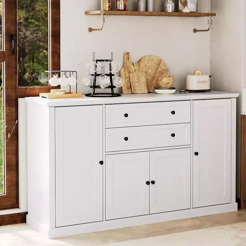 Vaisselier de ferme blanc / bois blanc de 58 po avec 4 portes coulissantes et 2 tiroirs