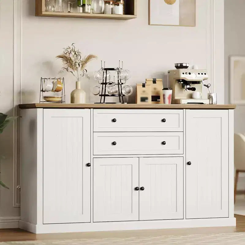 Vaisselier de ferme blanc / bois blanc de 58 po avec 4 portes coulissantes et 2 tiroirs