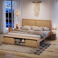 Full/King Size Natural Rattan Bed Frame with Sliding Barn Door Storage Cabinets, Boho Farmhouse Platform Bed, Noise-Free Slats, No Box Spring Needed