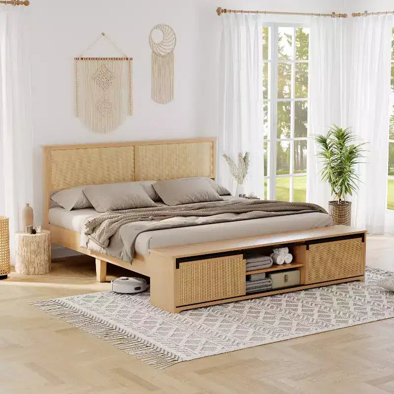 Natural Rattan Boho Platform Bed with Sliding Storage & LED Headboard