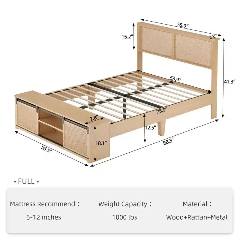 Lit plateforme bohème en rotin naturel avec rangement coulissant et tête de lit à LED