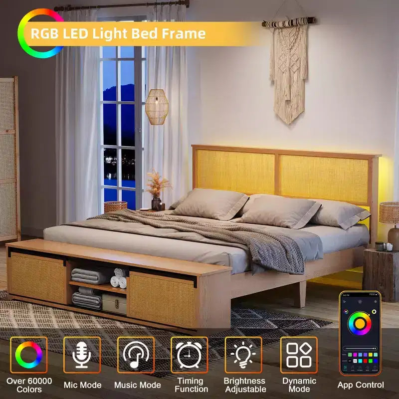 Natural Rattan Boho Platform Bed with Sliding Storage & LED Headboard