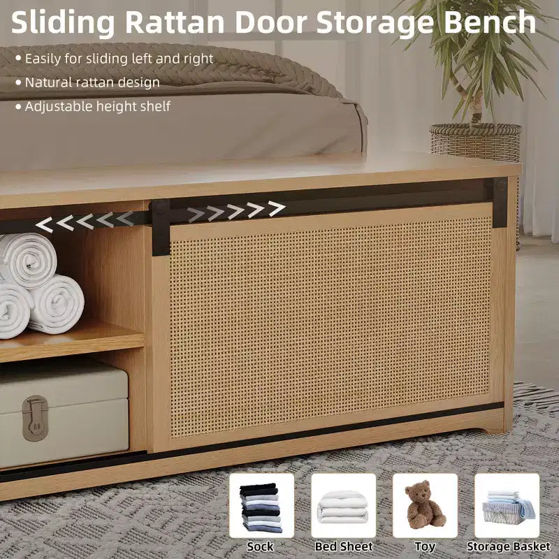 Natural Rattan Boho Platform Bed with Sliding Storage & LED Headboard
