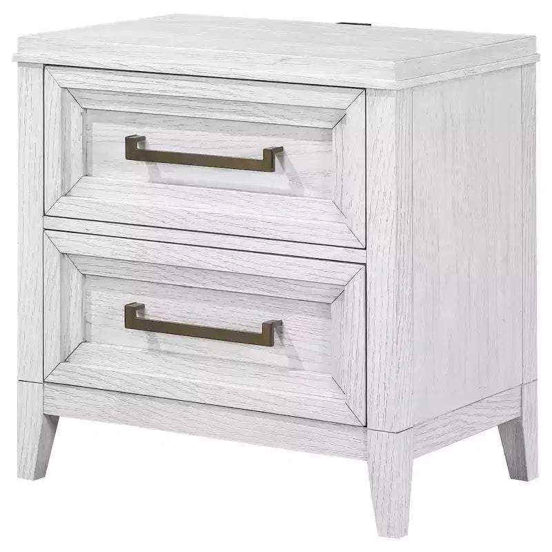 Table de chevet blanche patinée à 2 tiroirs avec poignées en laiton