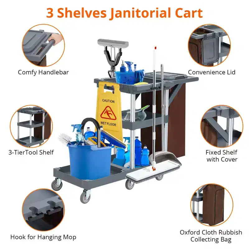 Chariot de ménage gris à 3 étagères avec sac poubelle de 60 litres, capacité de 75 kg