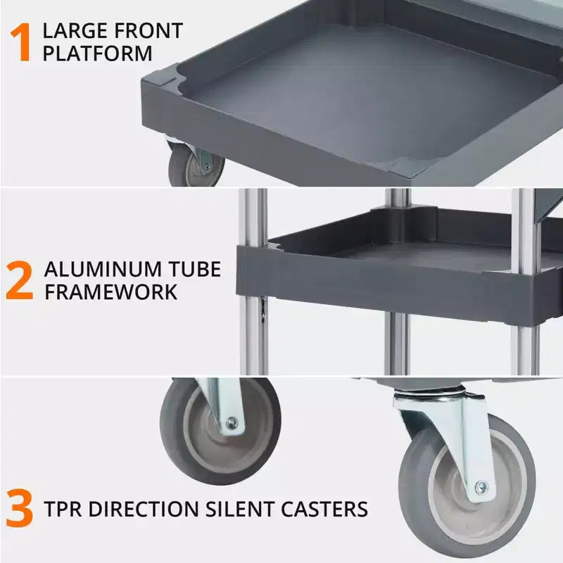 Chariot de ménage gris à 3 étagères avec sac poubelle de 60 litres, capacité de 75 kg