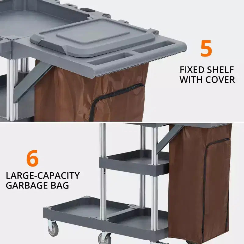 Chariot de ménage gris à 3 étagères avec sac poubelle de 60 litres, capacité de 75 kg