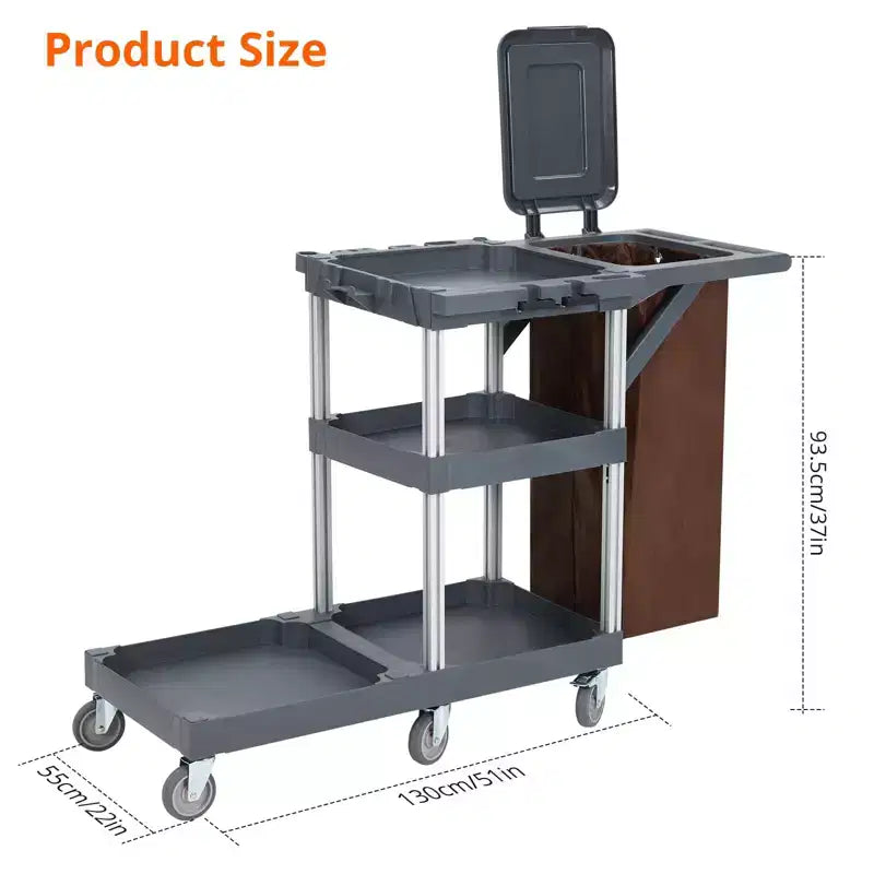 Chariot de ménage gris à 3 étagères avec sac poubelle de 60 litres, capacité de 75 kg