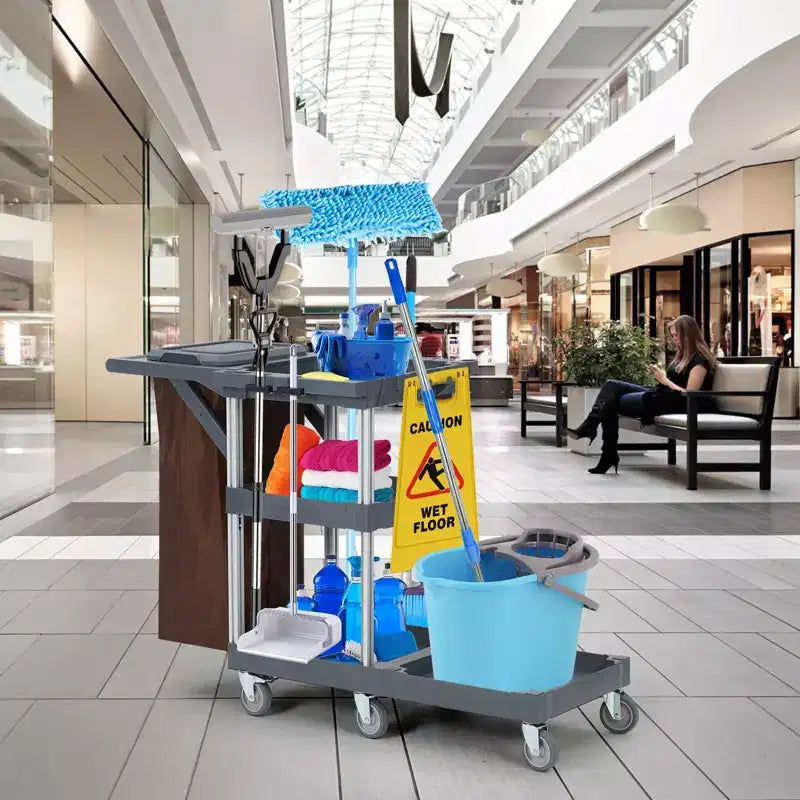 Chariot de ménage gris à 3 étagères avec sac poubelle de 60 litres, capacité de 75 kg